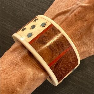 Wooden Bangle Bracelet with Cream Accents